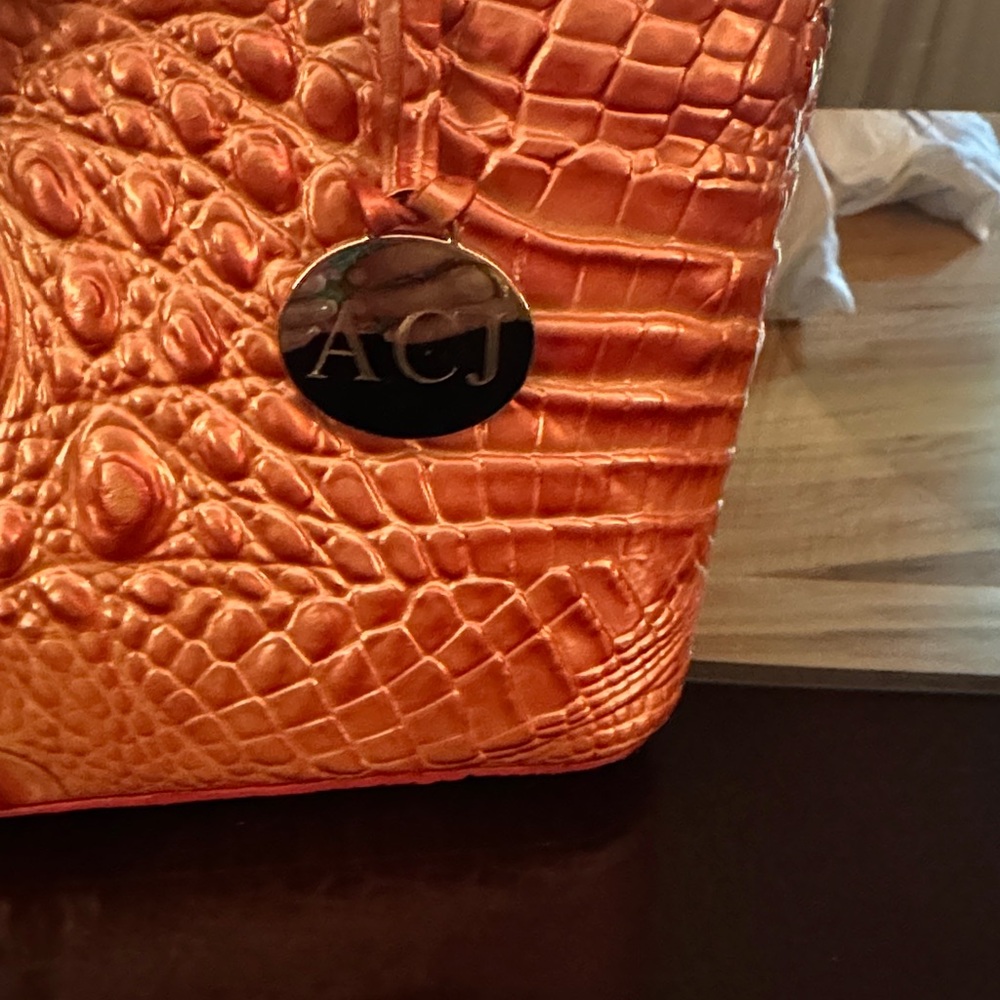 Brahmin Metallic Peachy/Orange Crocodile Satchel - Picture 2 of 5